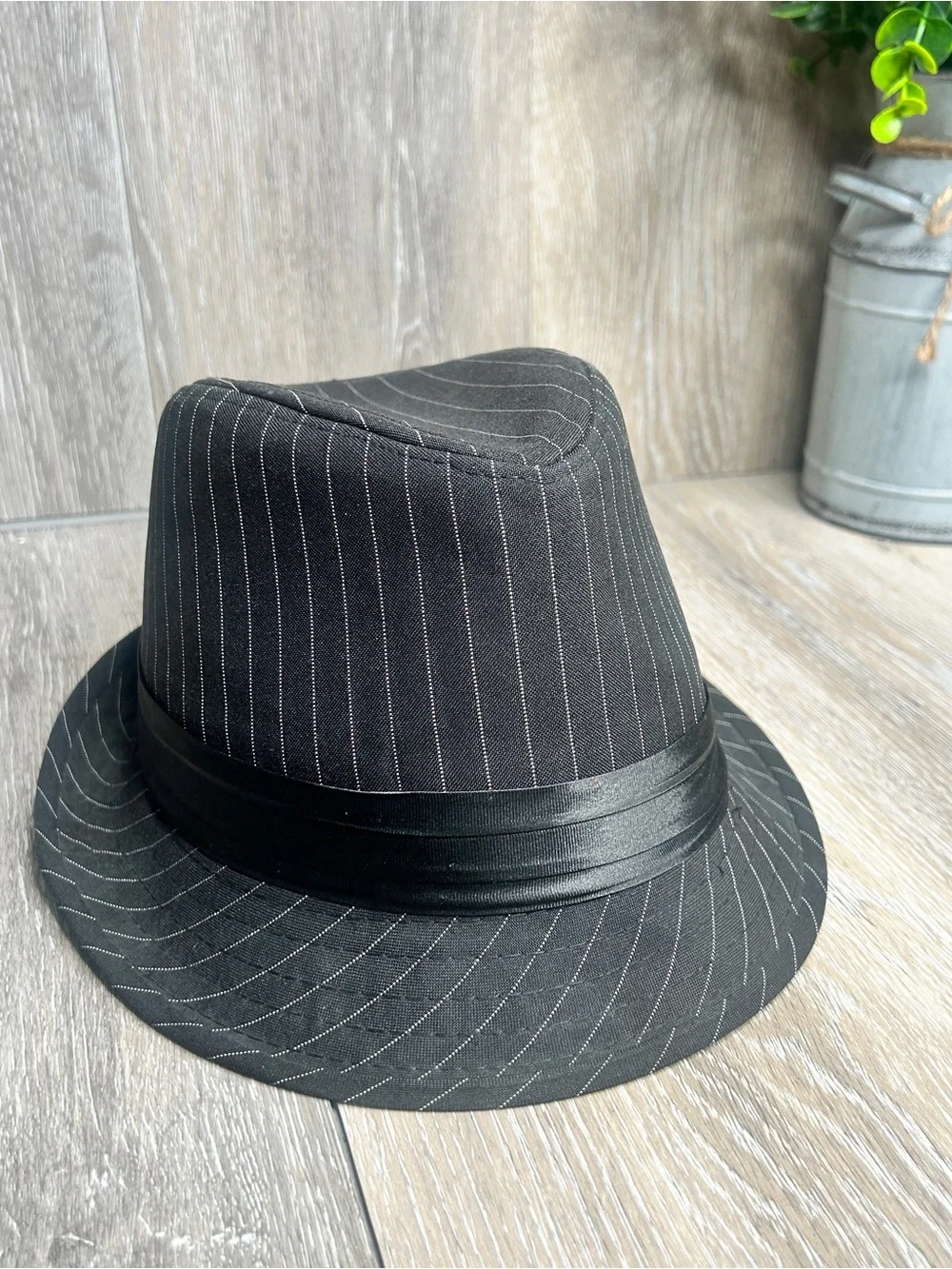 Black Pinstripe Fedora Hat • Classic Gangster Style • Satin Band • One Size